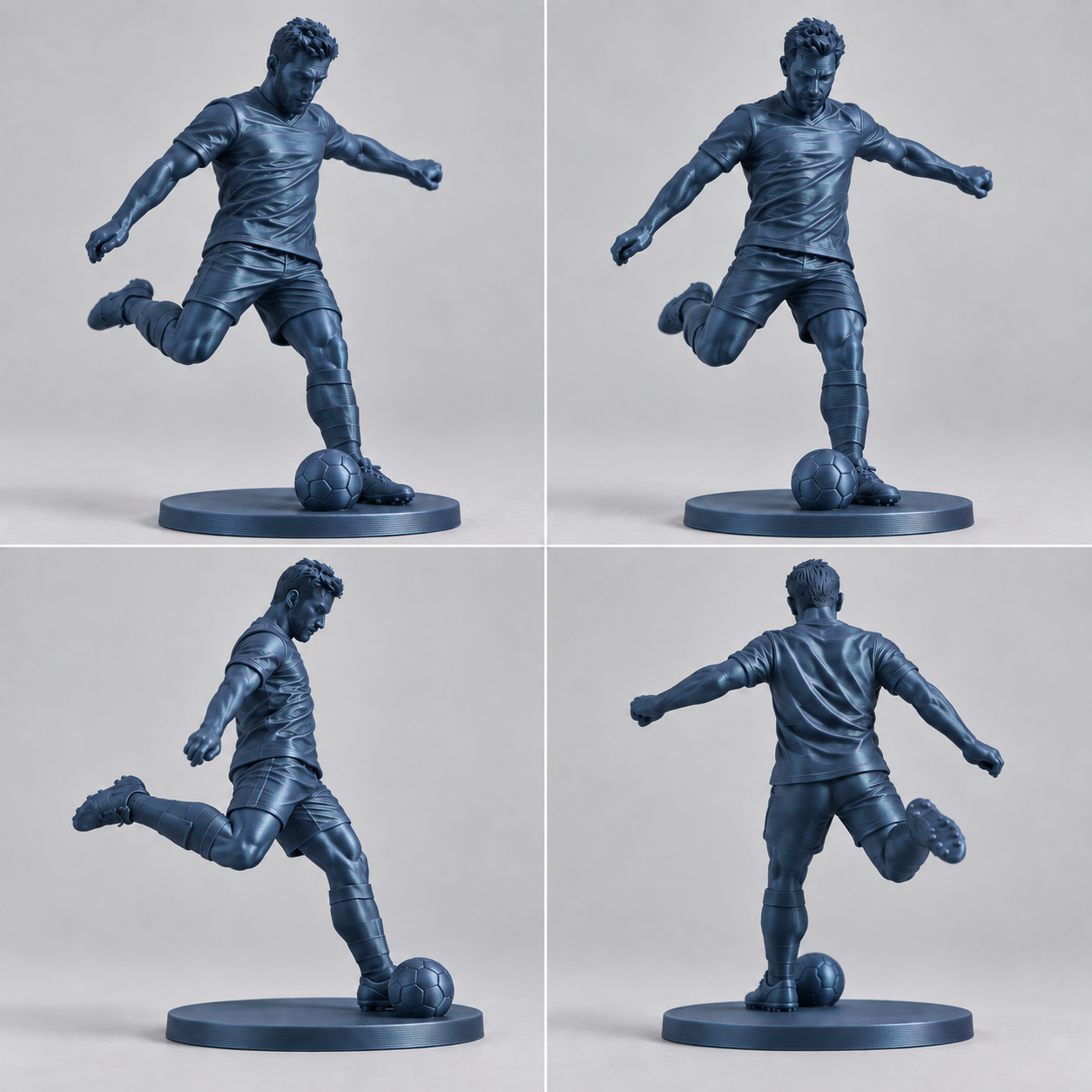 Footballer striking the ball, figurine preview in PLA Metal, Cobalt blue metallic