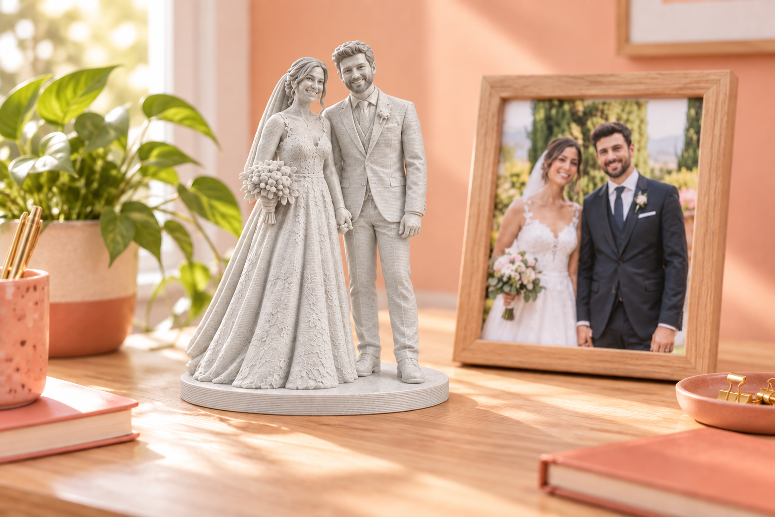 Illustrative white marble-effect PLA wedding figurine on a sunny desk beside the couple's photo